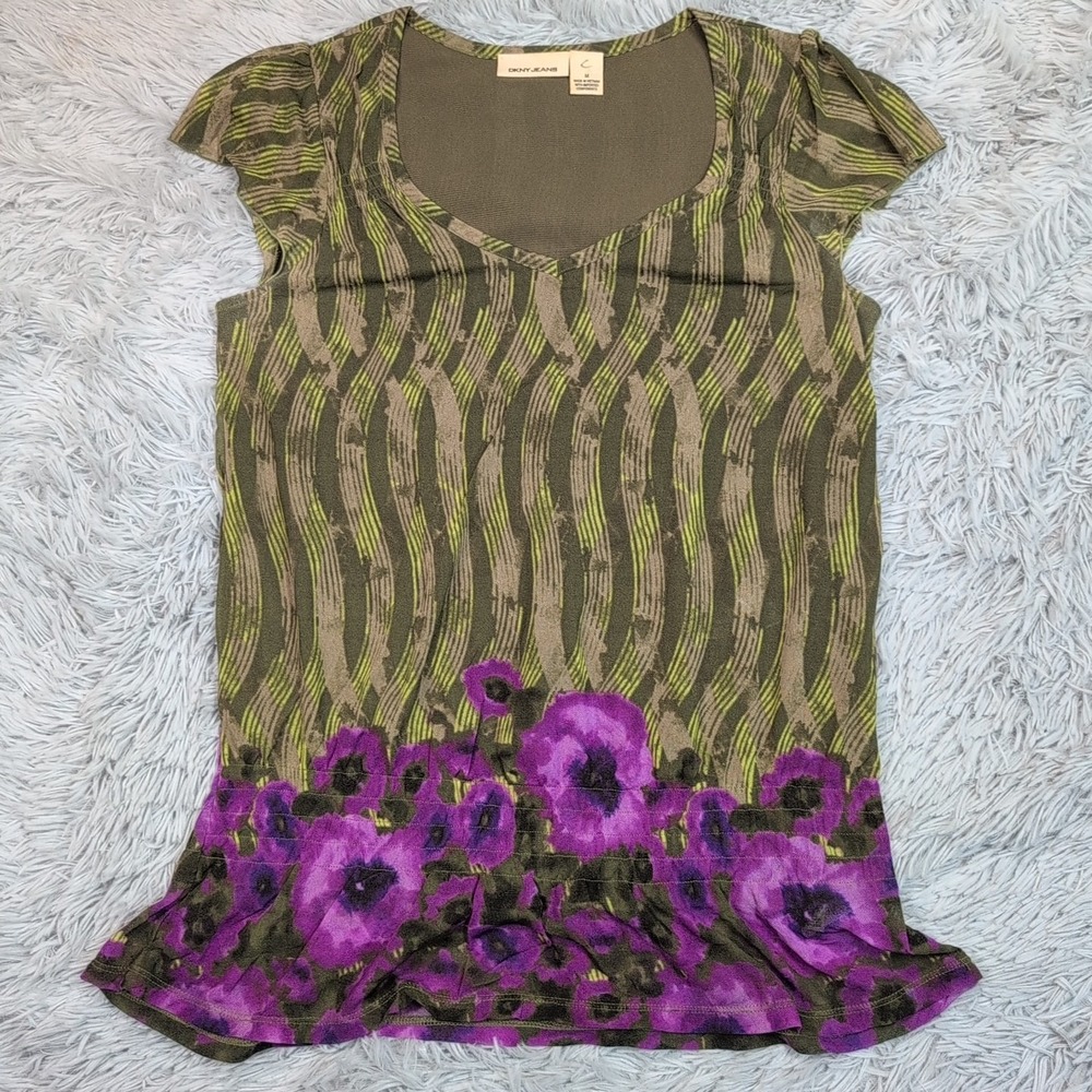 DKNY Shirt Womens M Green Purple‎ Blouse Floral Top Soft Casual Comfort
